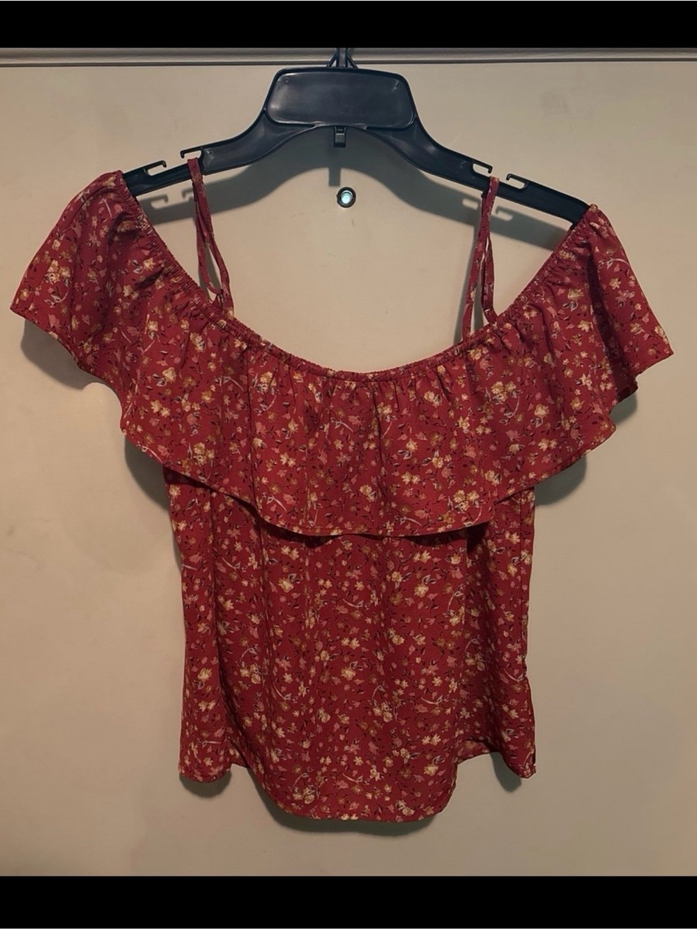 Blue Rain Red Floral Off-Shoulder Ruffle Cami